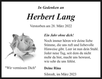 Traueranzeige von Herbert Lang  von Magdeburger Volksstimme