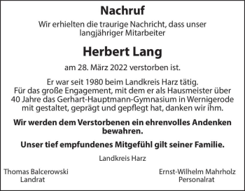 Traueranzeige von Herbert Lang  von Magdeburger Volksstimme