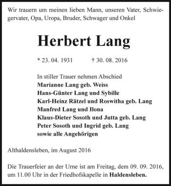 Traueranzeige von Herbert Lang  von Magdeburger Volksstimme