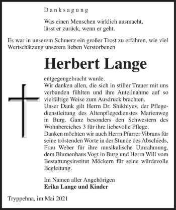 Traueranzeige von Herbert Lange  von Magdeburger Volksstimme