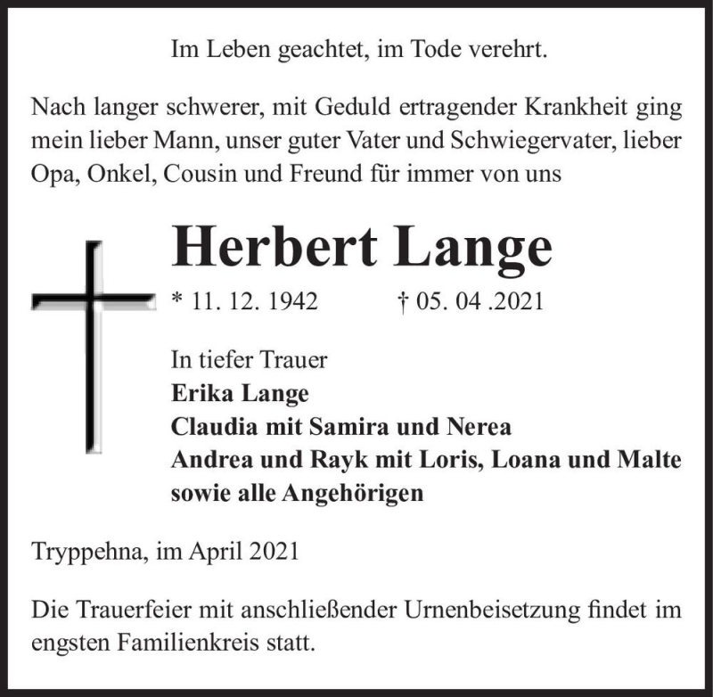  Traueranzeige für Herbert Lange  vom 17.04.2021 aus Magdeburger Volksstimme