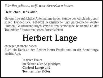 Traueranzeige von Herbert Lange  von Magdeburger Volksstimme