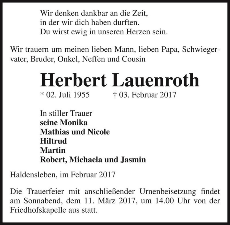  Traueranzeige für Herbert Lauenroth  vom 11.02.2017 aus Magdeburger Volksstimme