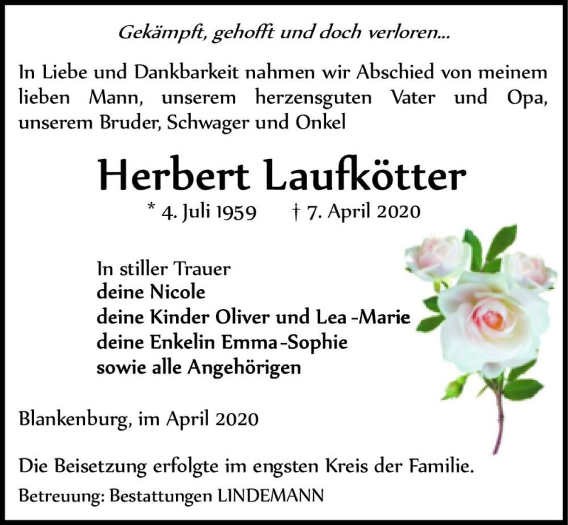  Traueranzeige für Herbert Laufkötter  vom 25.04.2020 aus Magdeburger Volksstimme