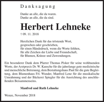 Traueranzeige von Herbert Lehneke  von Magdeburger Volksstimme