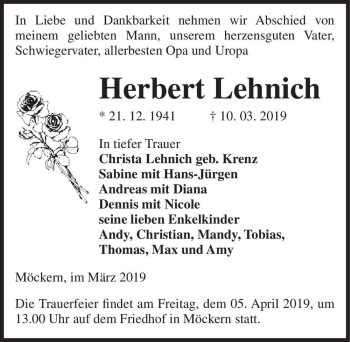 Traueranzeige von Herbert Lehnich  von Magdeburger Volksstimme