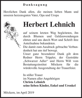 Traueranzeige von Herbert Lehnich  von Magdeburger Volksstimme