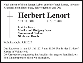 Traueranzeige von Herbert Lenort  von Magdeburger Volksstimme