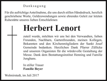 Traueranzeige von Herbert Lenort  von Magdeburger Volksstimme