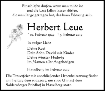 Traueranzeige von Herbert Leue  von Magdeburger Volksstimme