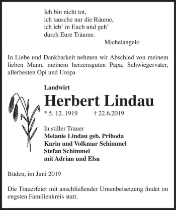 Traueranzeige von Herbert Lindau  von Magdeburger Volksstimme