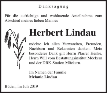 Traueranzeige von Herbert Lindau  von Magdeburger Volksstimme