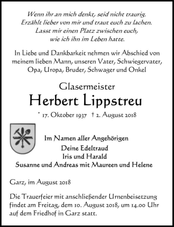 Traueranzeige von Herbert Lippstreu  von Magdeburger Volksstimme