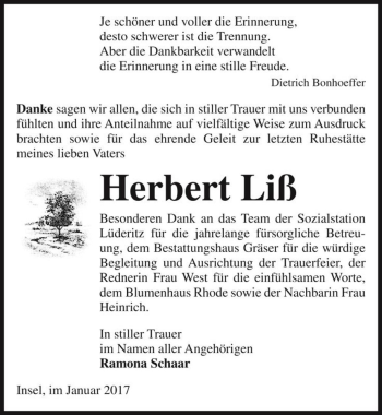 Traueranzeige von Herbert Liß  von Magdeburger Volksstimme