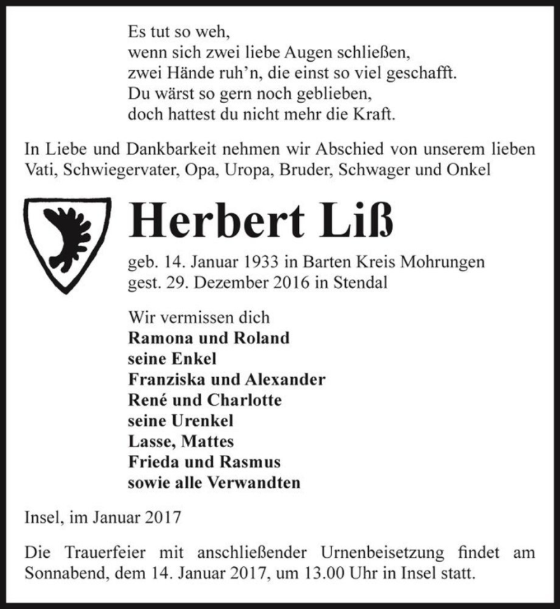  Traueranzeige für Herbert Liß  vom 07.01.2017 aus Magdeburger Volksstimme