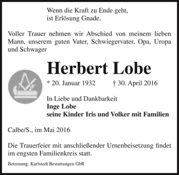 Traueranzeige von Herbert Lobe  von Magdeburger Volksstimme