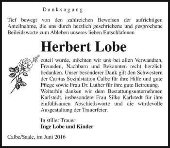 Traueranzeige von Herbert Lobe  von Magdeburger Volksstimme