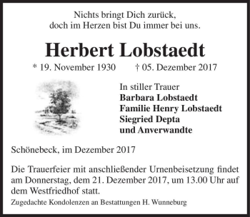 Traueranzeige von Herbert Lobstaedt  von Magdeburger Volksstimme