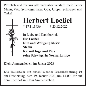 Traueranzeige von Herbert Loeßel  von Magdeburger Volksstimme