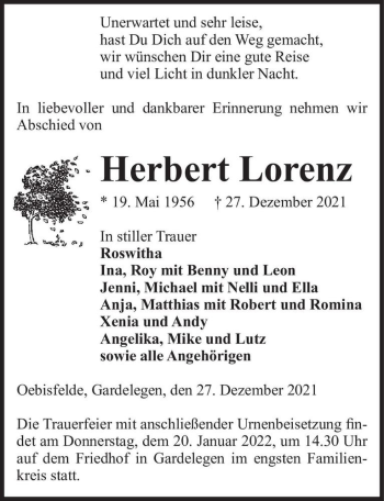 Traueranzeige von Herbert Lorenz  von Magdeburger Volksstimme
