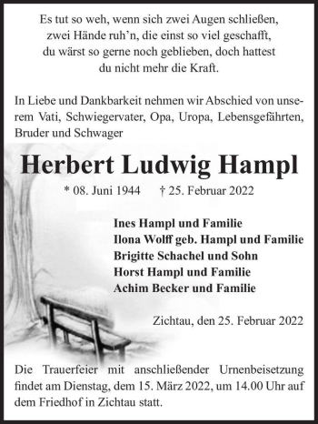 Traueranzeige von Herbert Ludwig Hampl  von Magdeburger Volksstimme