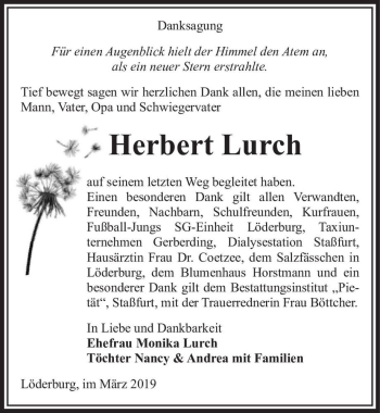 Traueranzeige von Herbert Lurch  von Magdeburger Volksstimme