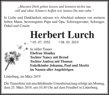 Traueranzeige von Herbert Lurch  von Magdeburger Volksstimme