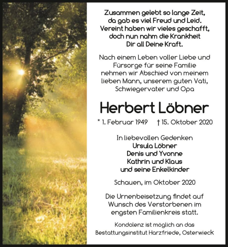  Traueranzeige für Herbert Löbner  vom 24.10.2020 aus Magdeburger Volksstimme