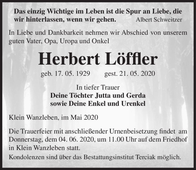  Traueranzeige für Herbert Löffler  vom 30.05.2020 aus Magdeburger Volksstimme