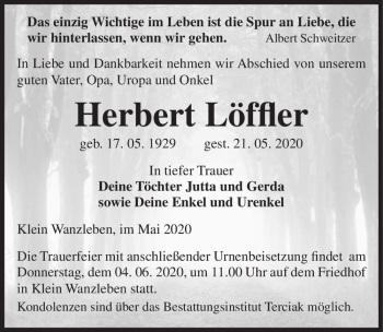 Traueranzeige von Herbert Löffler  von Magdeburger Volksstimme