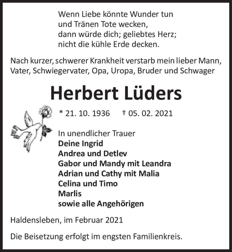 Traueranzeige für Herbert Lüders  vom 13.02.2021 aus Magdeburger Volksstimme