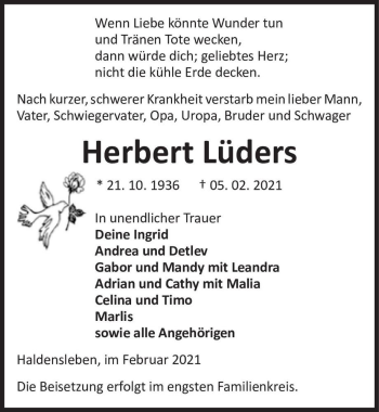 Traueranzeige von Herbert Lüders  von Magdeburger Volksstimme