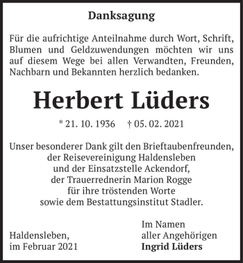 Traueranzeige von Herbert Lüders  von Magdeburger Volksstimme