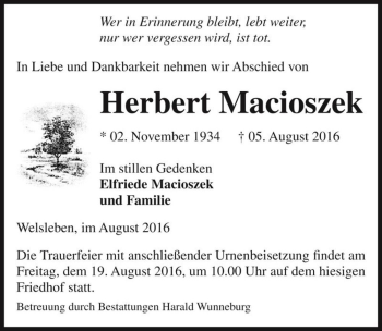 Traueranzeige von Herbert Macioszek  von Magdeburger Volksstimme