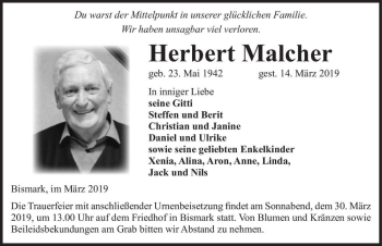 Traueranzeige von Herbert Malcher  von Magdeburger Volksstimme