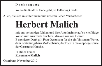 Traueranzeige von Herbert Malich  von Magdeburger Volksstimme