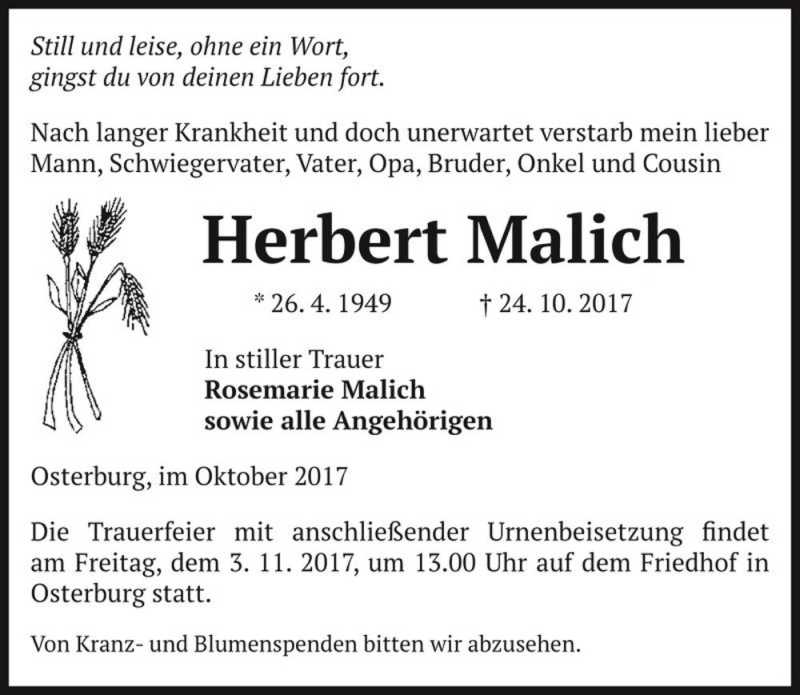  Traueranzeige für Herbert Malich  vom 27.10.2017 aus Magdeburger Volksstimme