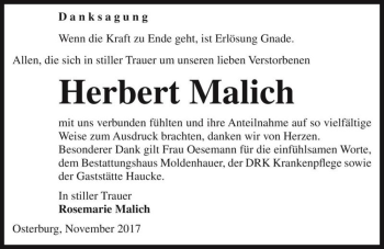 Traueranzeige von Herbert Malich  von Magdeburger Volksstimme