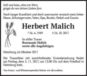 Traueranzeige von Herbert Malich  von Magdeburger Volksstimme