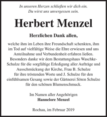 Traueranzeige von Herbert Menzel  von Magdeburger Volksstimme