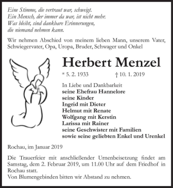 Traueranzeige von Herbert Menzel  von Magdeburger Volksstimme