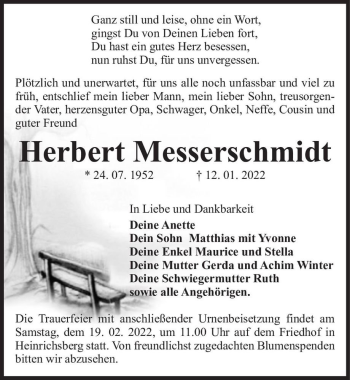 Traueranzeige von Herbert Messerschmidt  von Magdeburger Volksstimme