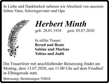 Traueranzeige von Herbert Minth  von Magdeburger Volksstimme