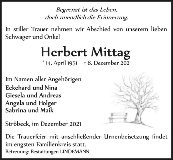 Traueranzeige von Herbert Mittag  von Magdeburger Volksstimme