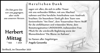 Traueranzeige von Herbert Mittag  von Magdeburger Volksstimme