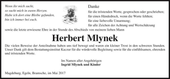 Traueranzeige von Herbert Mlynek  von Magdeburger Volksstimme