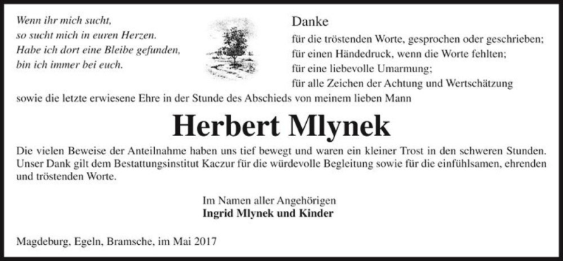  Traueranzeige für Herbert Mlynek  vom 10.05.2017 aus Magdeburger Volksstimme