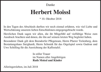 Traueranzeige von Herbert Moissl  von Magdeburger Volksstimme