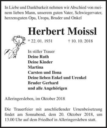 Traueranzeige von Herbert Moissl  von Magdeburger Volksstimme