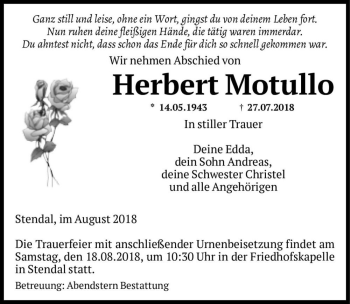 Traueranzeige von Herbert Motullo  von Magdeburger Volksstimme